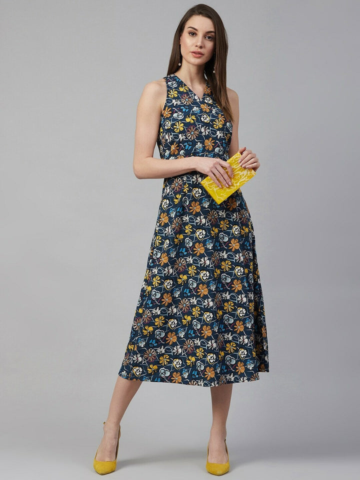 plusS Women Navy Blue  Mustard Yellow Floral Print Wrap Dress