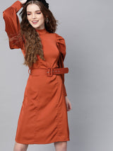 plusS Olive Brown Solid Power Shoulders A-Line Dress