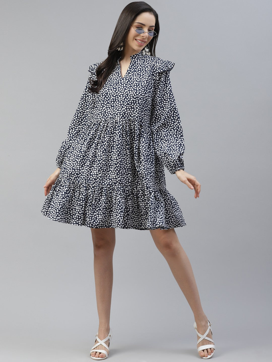 plusS Navy Blue  White Printed A-Line Dress