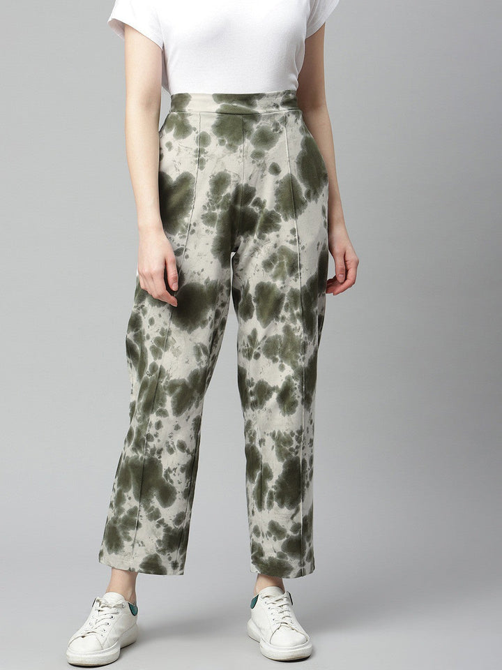 plusS Women Olive Green  White Tie  Dye Printed Straight-Fit Pure Cotton Track Pants