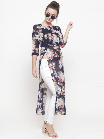 plusS Blue Floral High Slit Longline Top