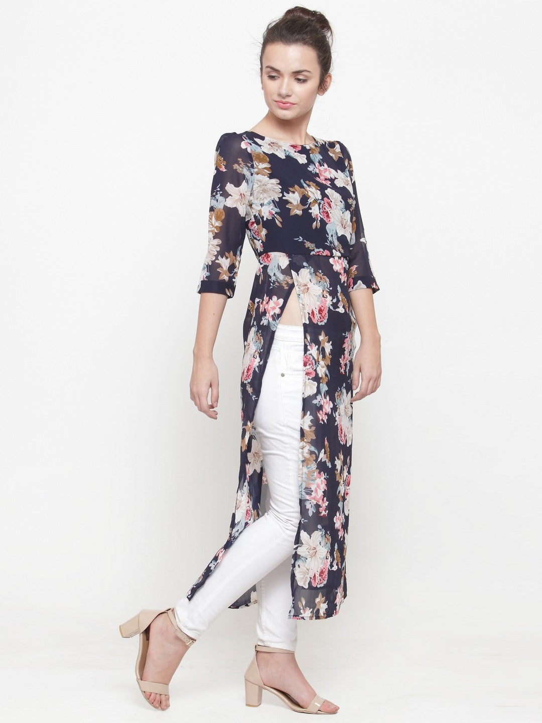 plusS Blue Floral High Slit Longline Top