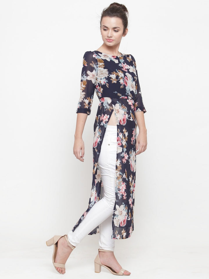 plusS Blue Floral High Slit Longline Top