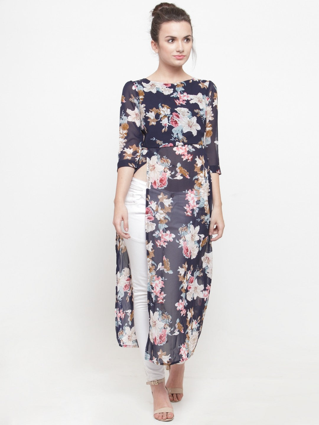 plusS Blue Floral High Slit Longline Top