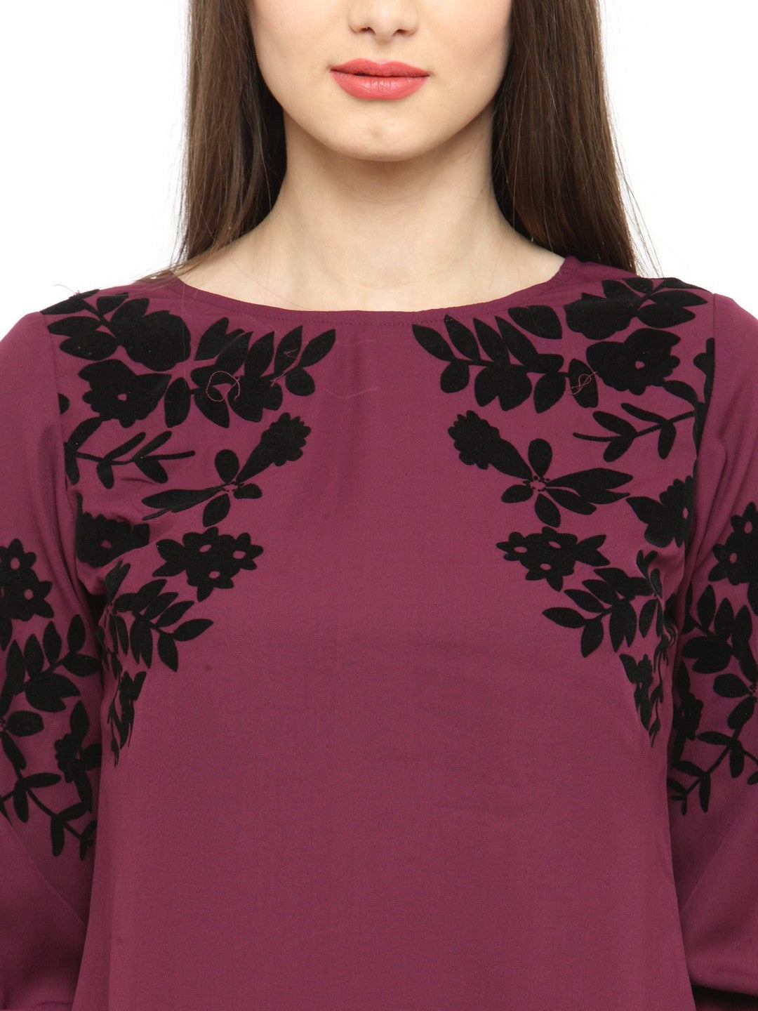 plusS Burgundy Floral Bell Sleeves A-Line Top