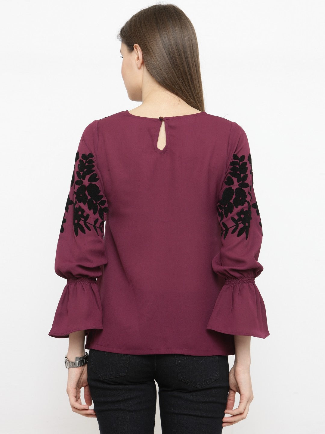 plusS Burgundy Floral Bell Sleeves A-Line Top