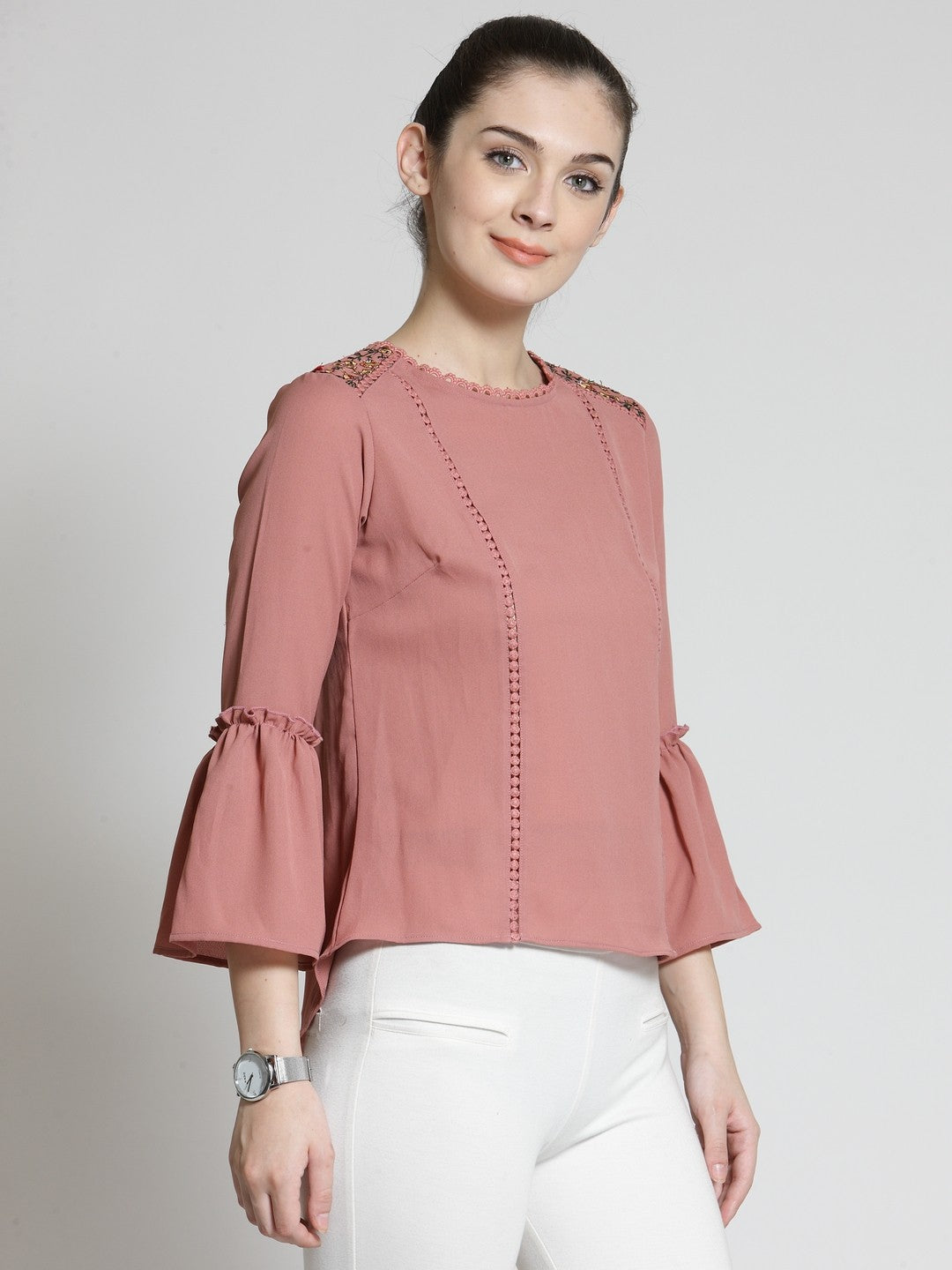 plusS Rose Applique Top With Bell Sleeves