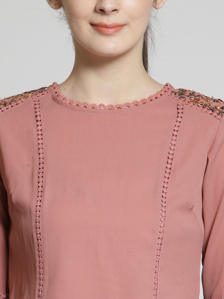 plusS Rose Applique Top With Bell Sleeves