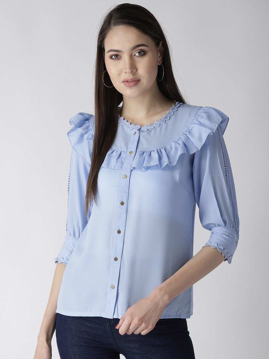 Blue Solid Shirt Style Top