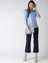 Blue Solid Shirt Style Top