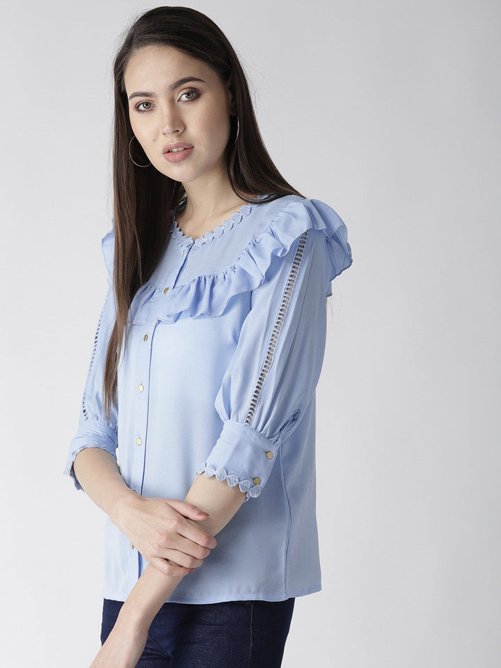 Blue Solid Shirt Style Top