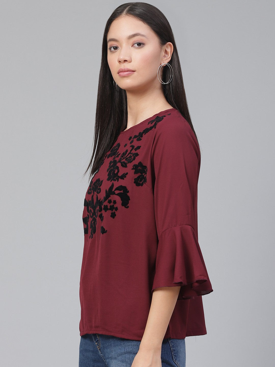 plusS Women Maroon  Black Floral Print Top