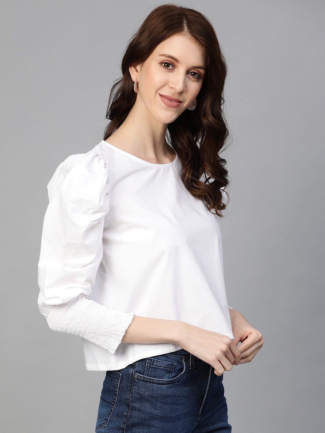 plusS Women White Solid Boxy Pure Cotton Top with Smocking Detail