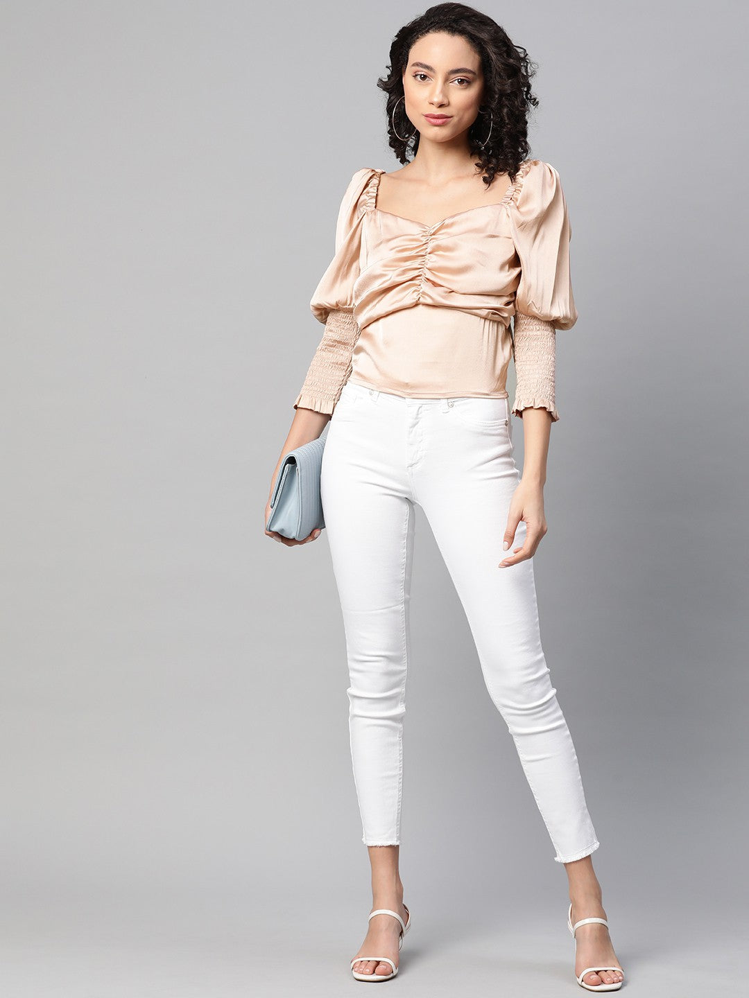 plusS Peach-Coloured Sweetheart Neck Satin Finish Puff Sleeved Empire Top