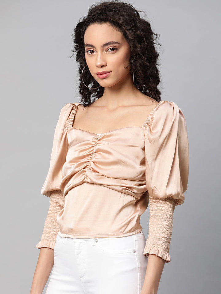 plusS Peach-Coloured Sweetheart Neck Satin Finish Puff Sleeved Empire Top