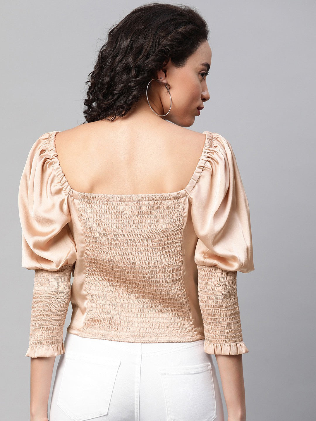 plusS Peach-Coloured Sweetheart Neck Satin Finish Puff Sleeved Empire Top