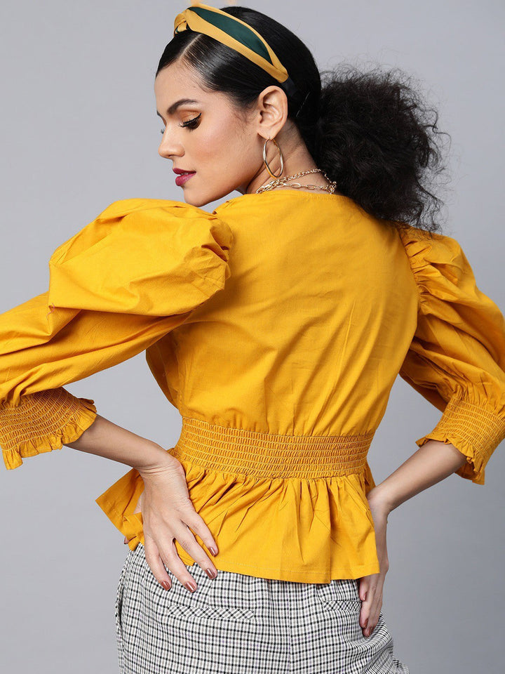 plusS Mustard Yellow Solid Power Shoulders Top