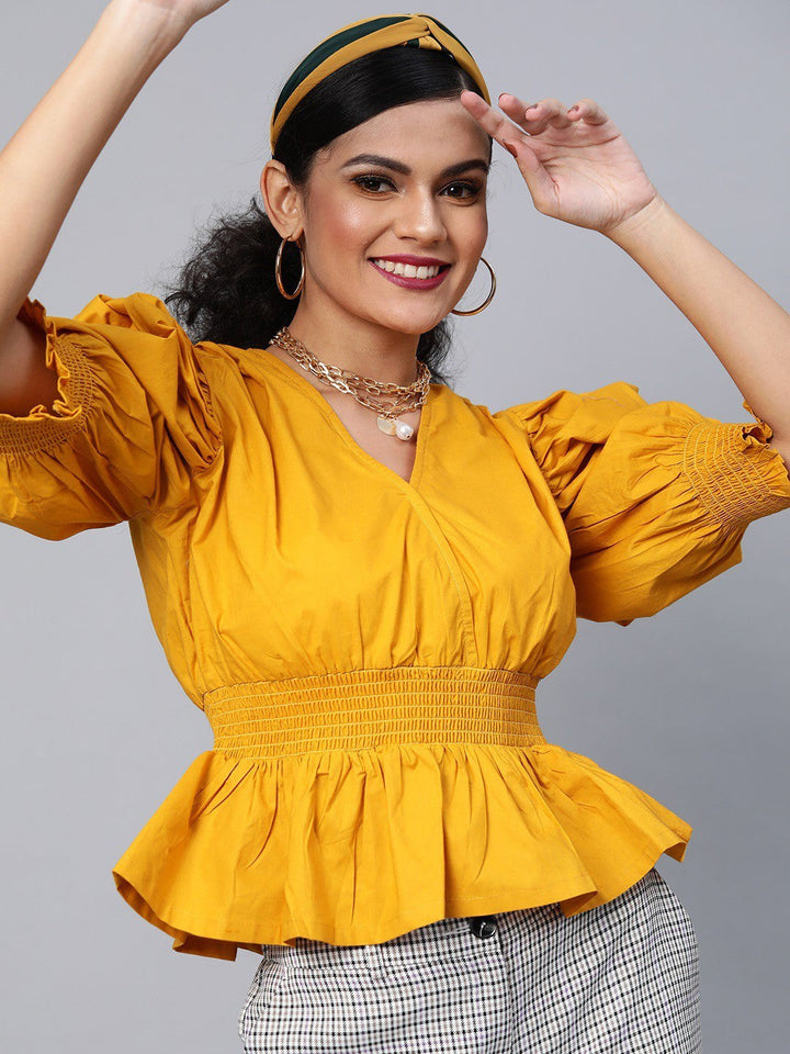 plusS Mustard Yellow Solid Power Shoulders Top