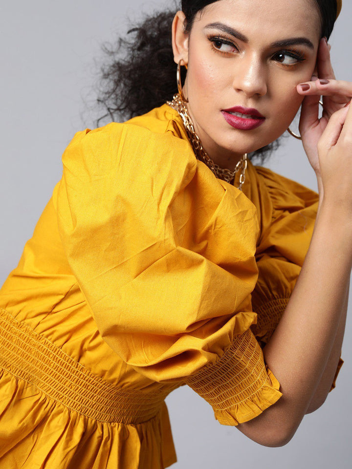 plusS Mustard Yellow Solid Power Shoulders Top