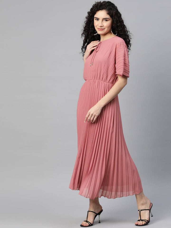 plusS Tie-Up Neck Flared Sleeve A-Line Midi Dress