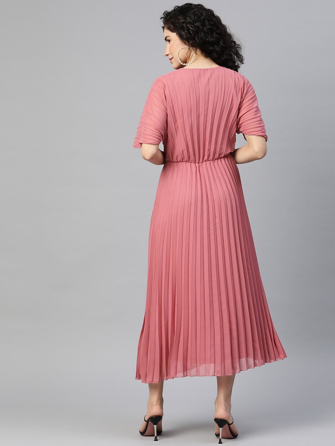 plusS Tie-Up Neck Flared Sleeve A-Line Midi Dress