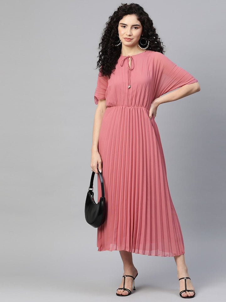 plusS Tie-Up Neck Flared Sleeve A-Line Midi Dress