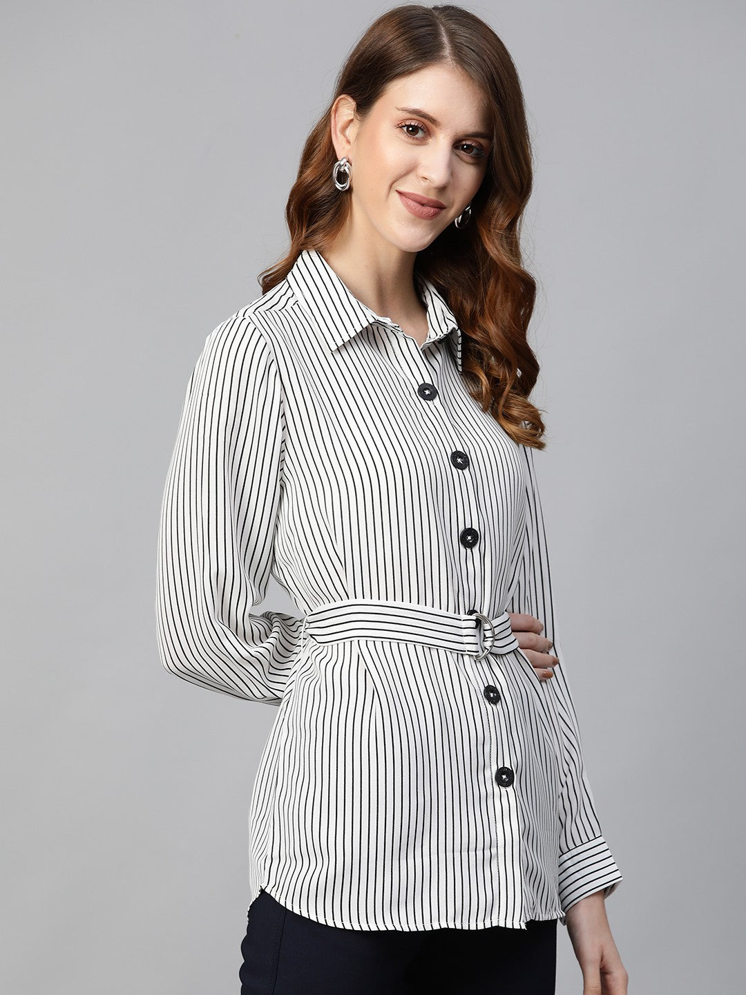 plusS Women White  Black Regular Fit Striped Casual Shirt with Belt