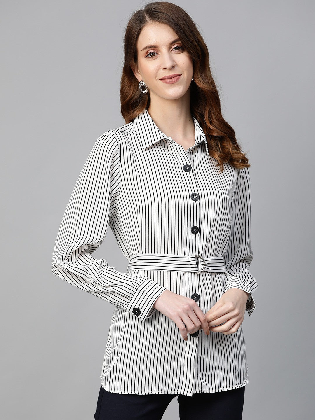 plusS Women White  Black Regular Fit Striped Casual Shirt with Belt