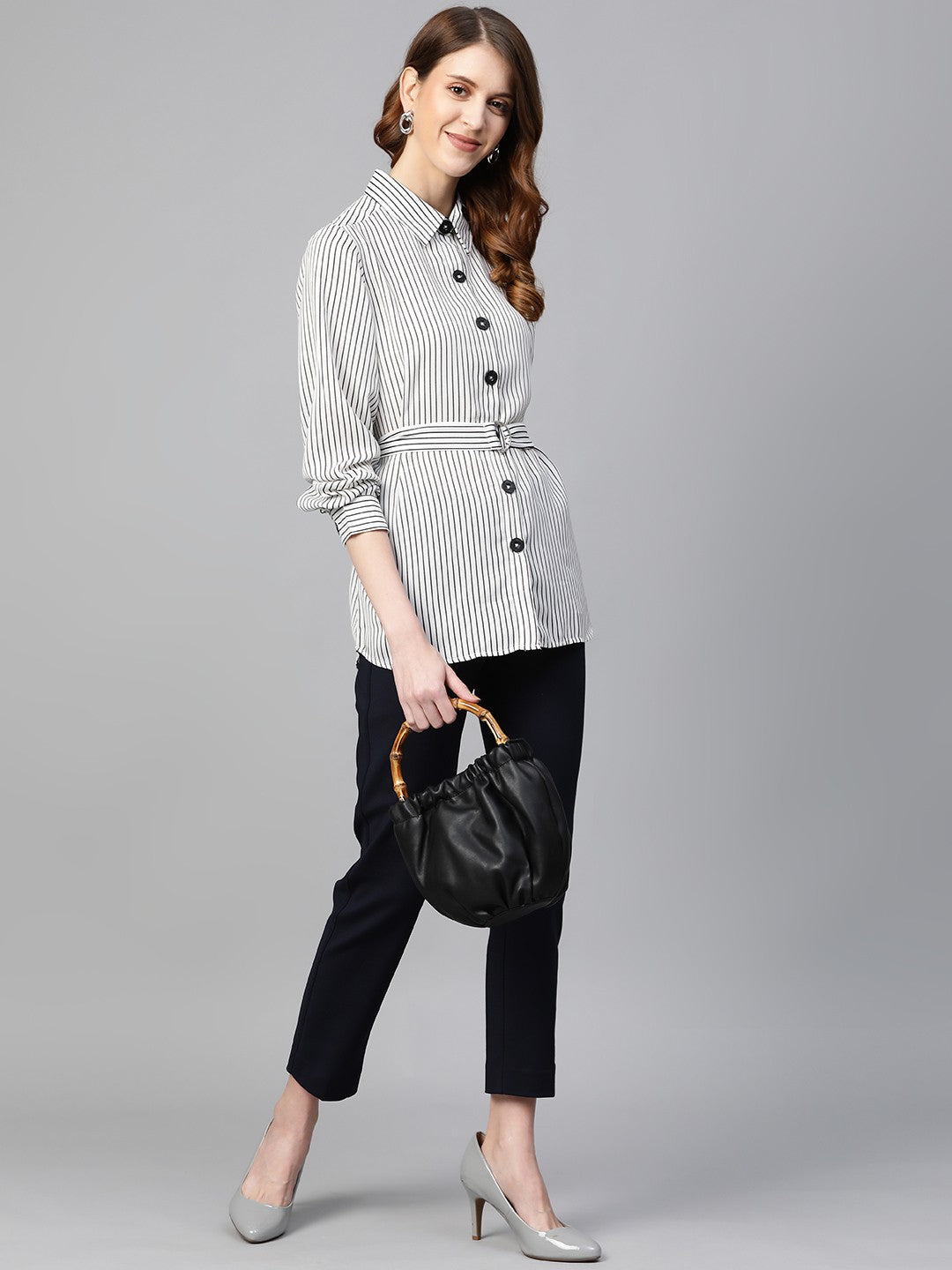 plusS Women White  Black Regular Fit Striped Casual Shirt with Belt