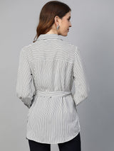 plusS Women White  Black Regular Fit Striped Casual Shirt with Belt