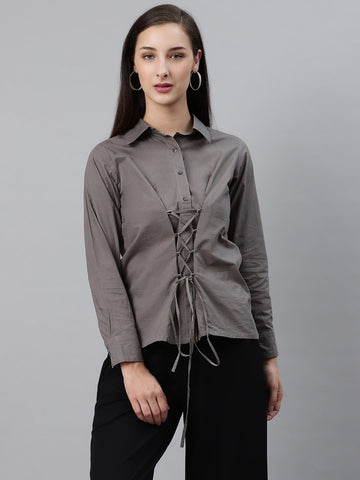 Charcoal Grey Regular Fit Solid Casual Shirt with Lace-Up Detail