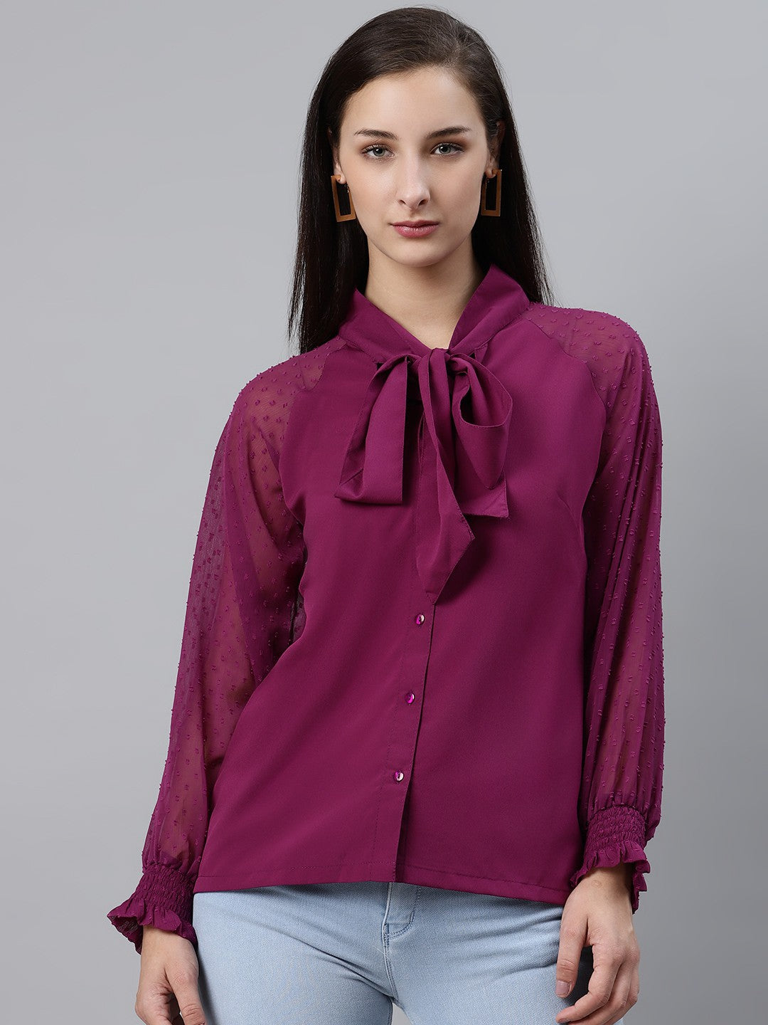 plusS Purple Tie-Up Neck Shirt Style Top with Sheer Dobby Weave Sleeves