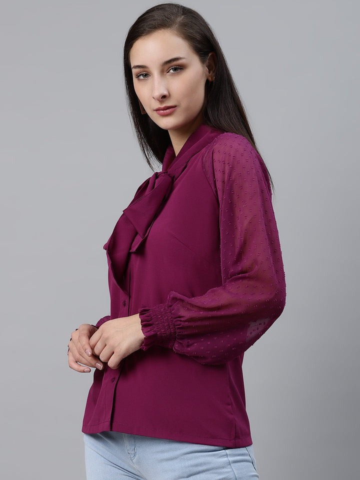 plusS Purple Tie-Up Neck Shirt Style Top with Sheer Dobby Weave Sleeves