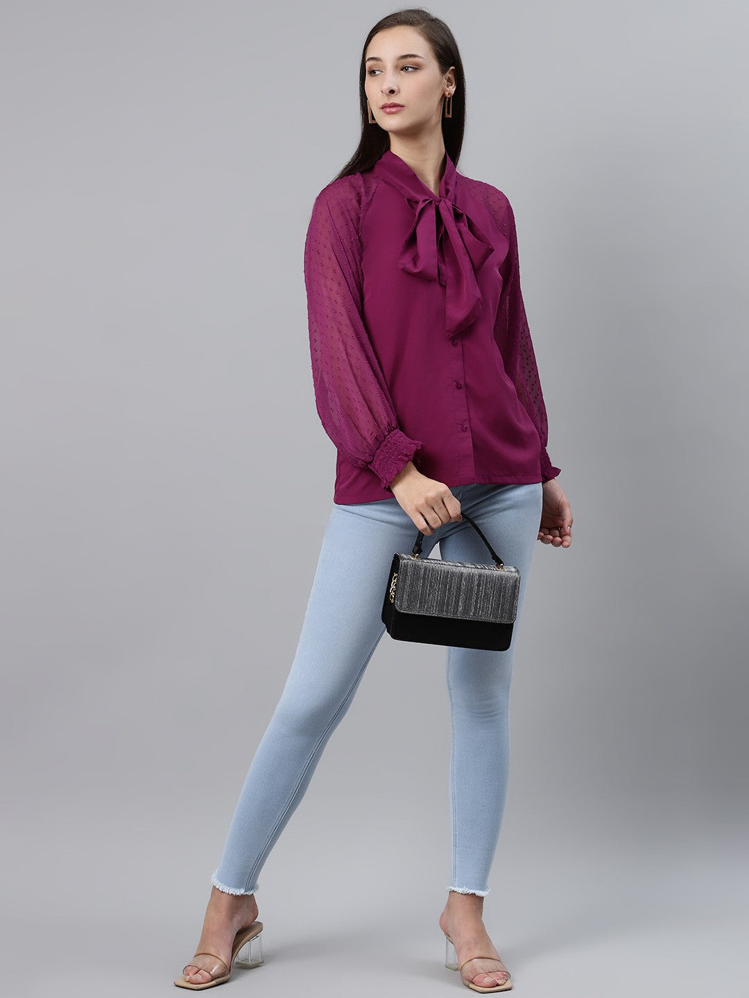 plusS Purple Tie-Up Neck Shirt Style Top with Sheer Dobby Weave Sleeves