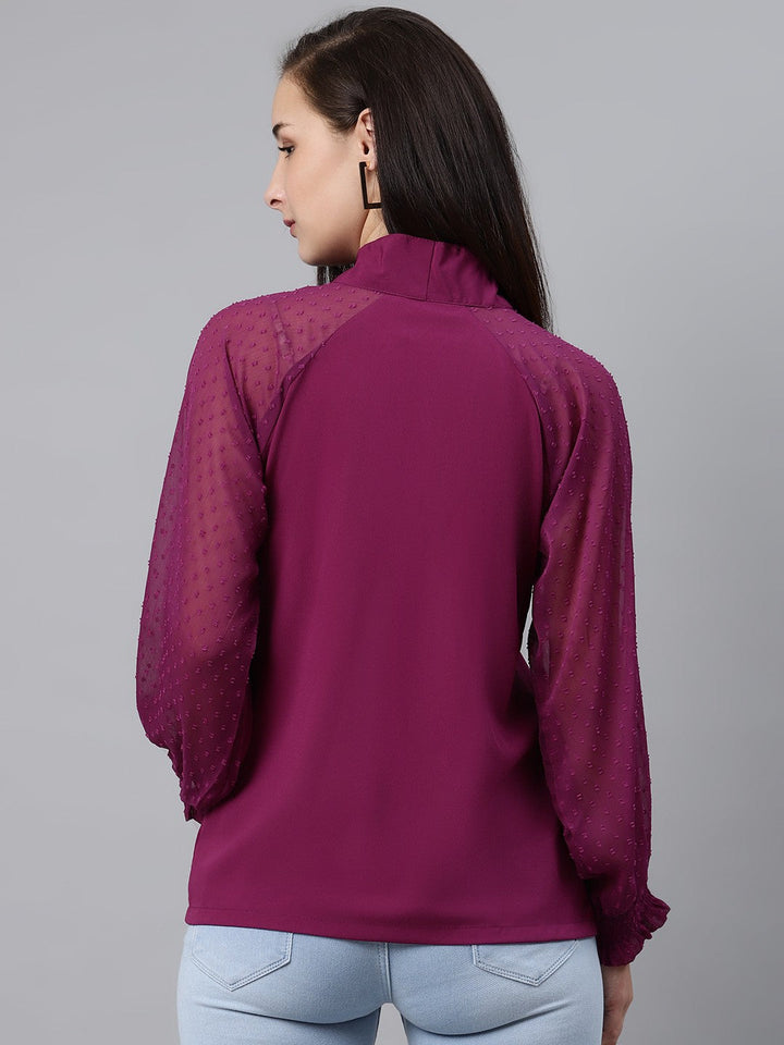 plusS Purple Tie-Up Neck Shirt Style Top with Sheer Dobby Weave Sleeves