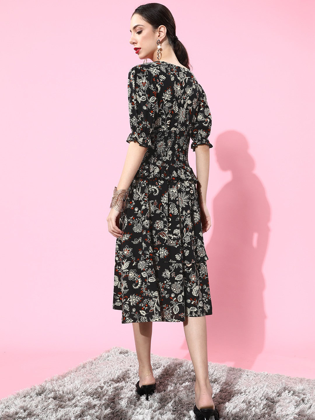 Black floral shop tiered dress