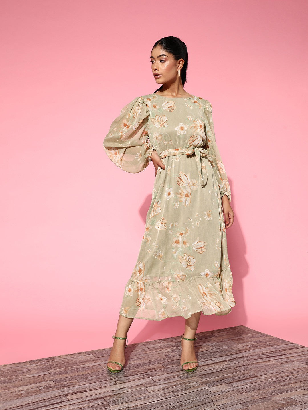 plusS Women Green Floral Volume Play Dress