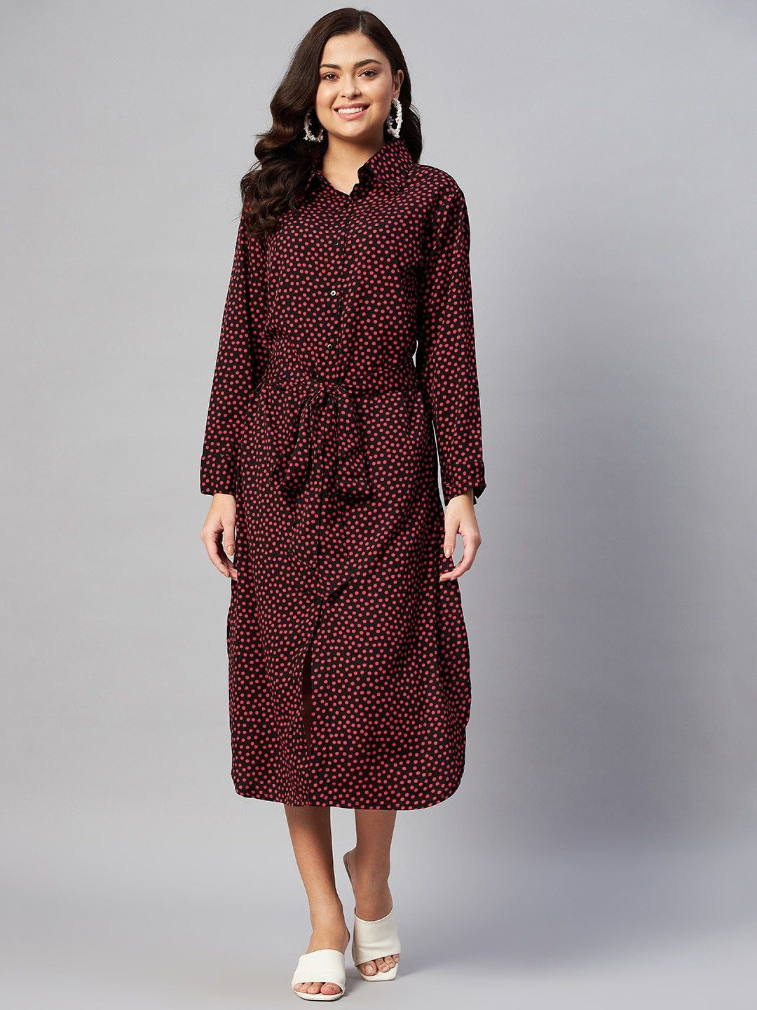 Red Polka Dots Shirt Midi Dress