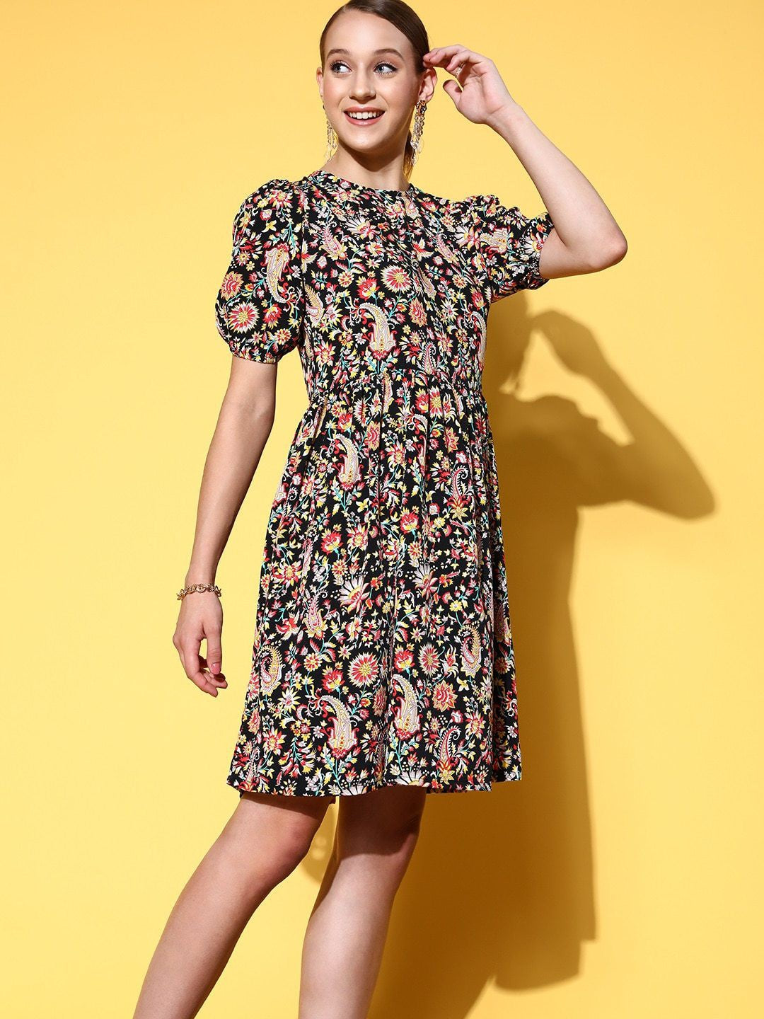 plusS    Black Floral Sleeve Bounce Dress