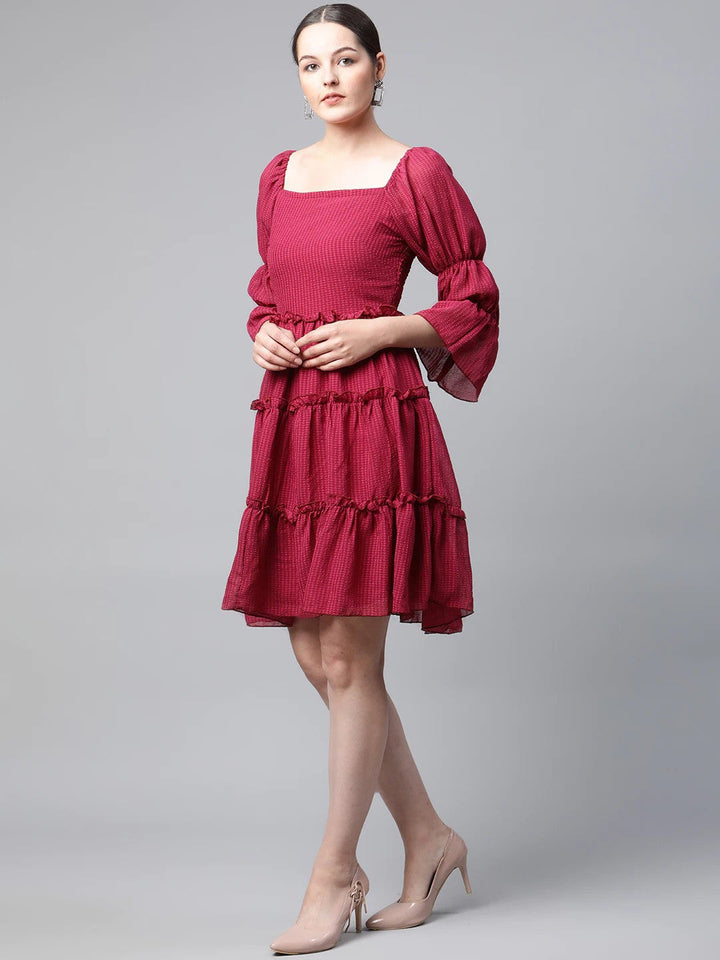 plusS Red Self Design Bell Sleeves A-Line Tiered Dress