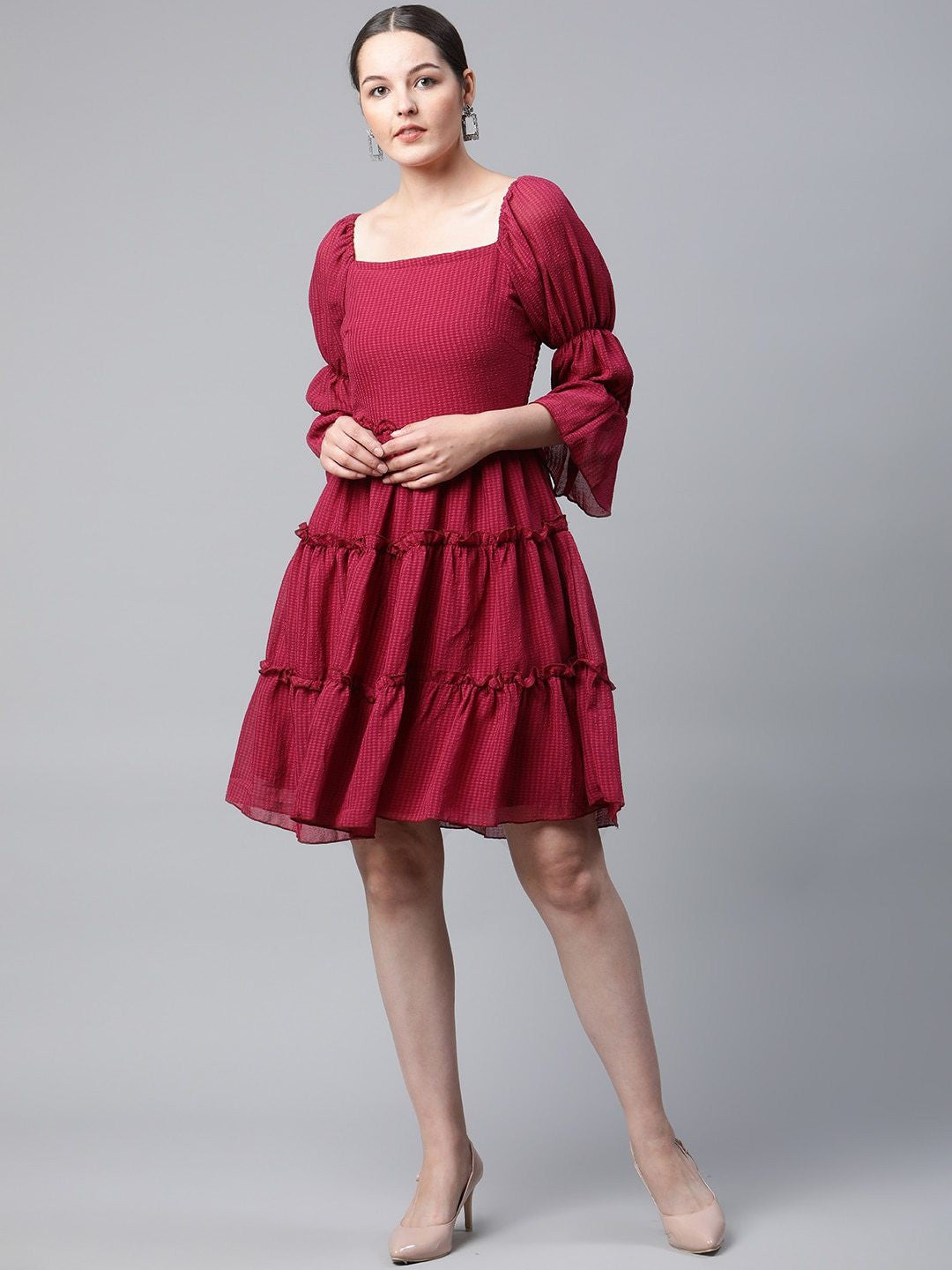 plusS Red Self Design Bell Sleeves A-Line Tiered Dress