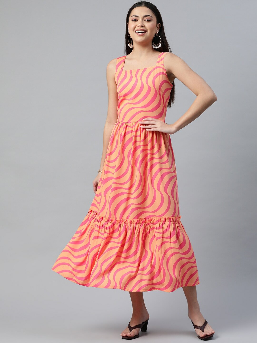 plusS Abstract Print Tiered A-Line Midi Dress