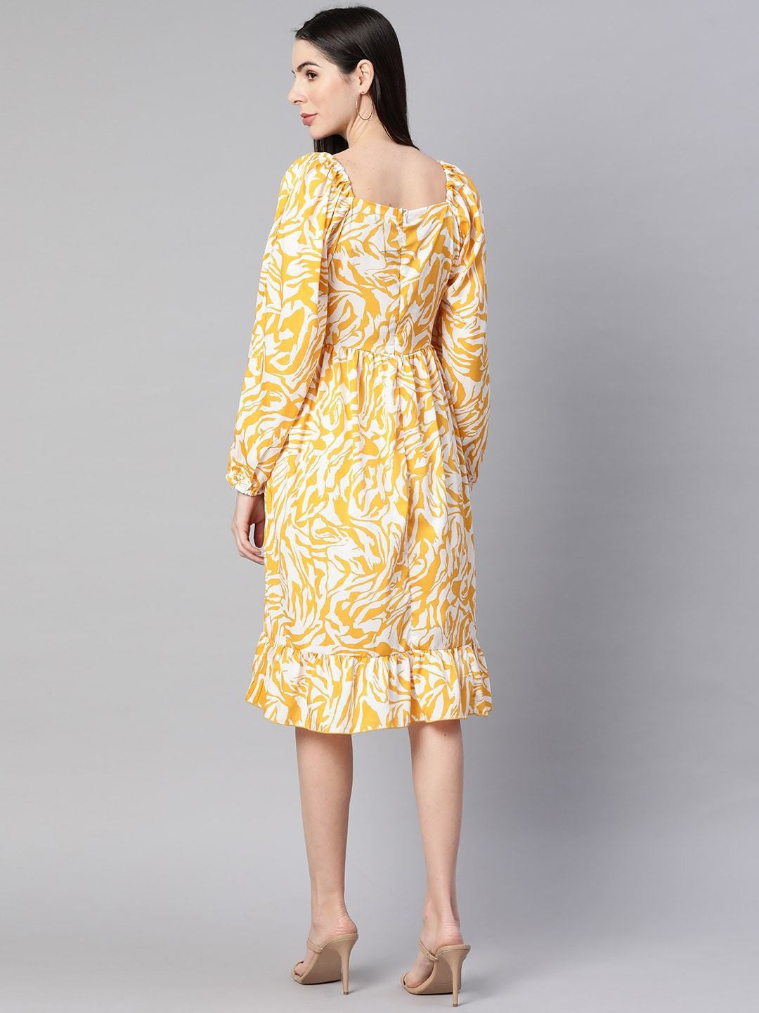 plusS White  Mustard Yellow Printed Fit  Flare Dress