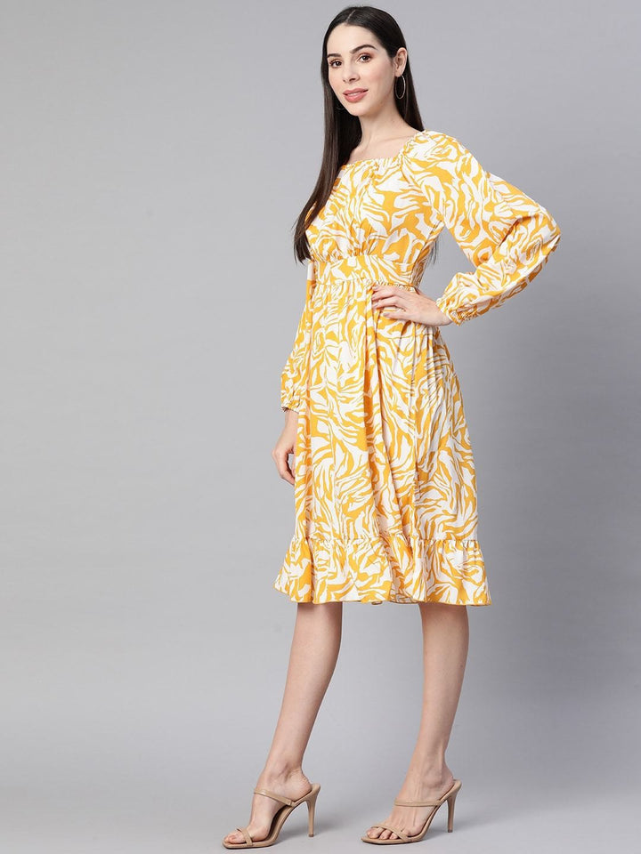 plusS White  Mustard Yellow Printed Fit  Flare Dress