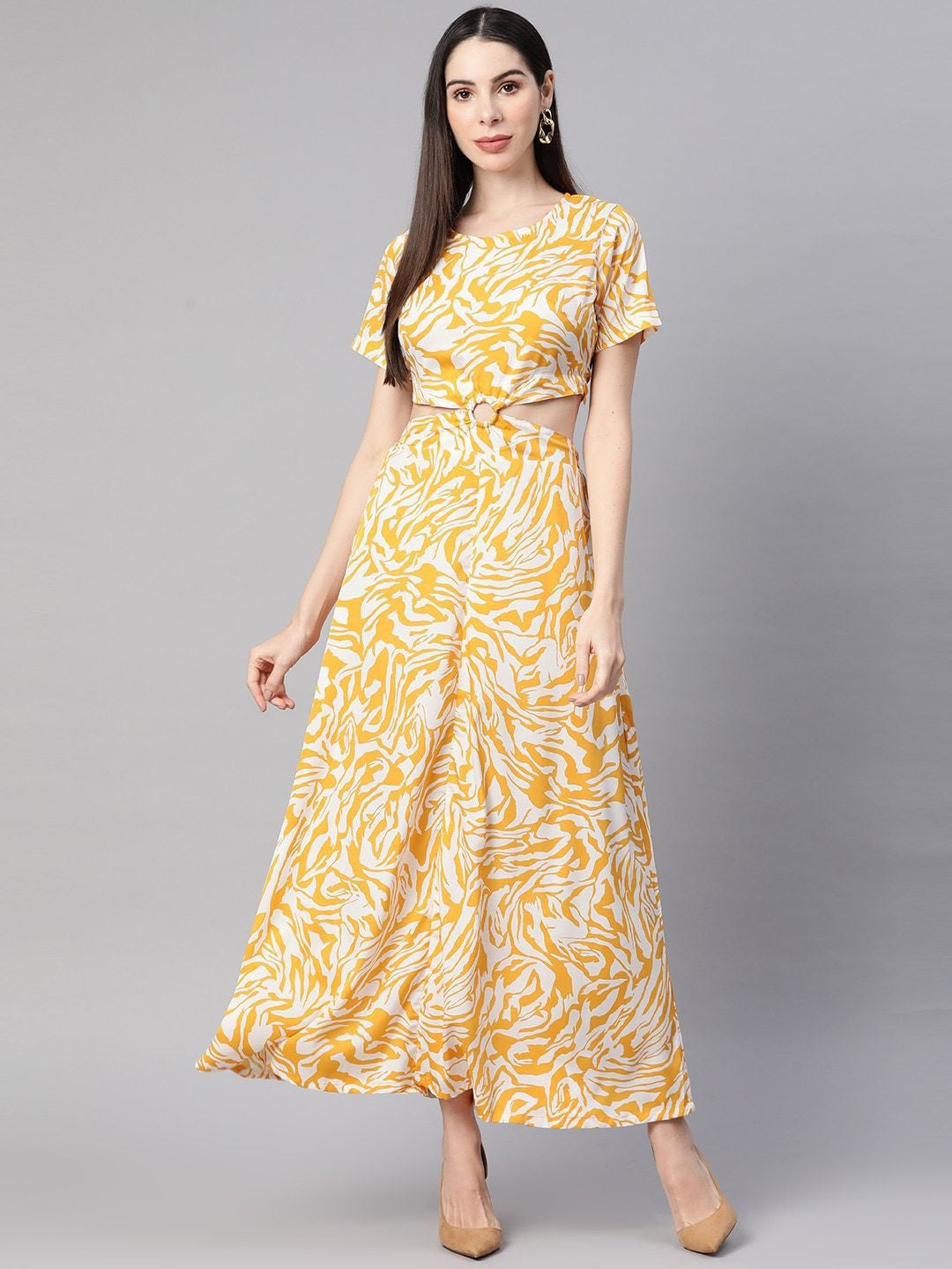 Mustard Yellow Printed Cut-Outs Maxi Dress