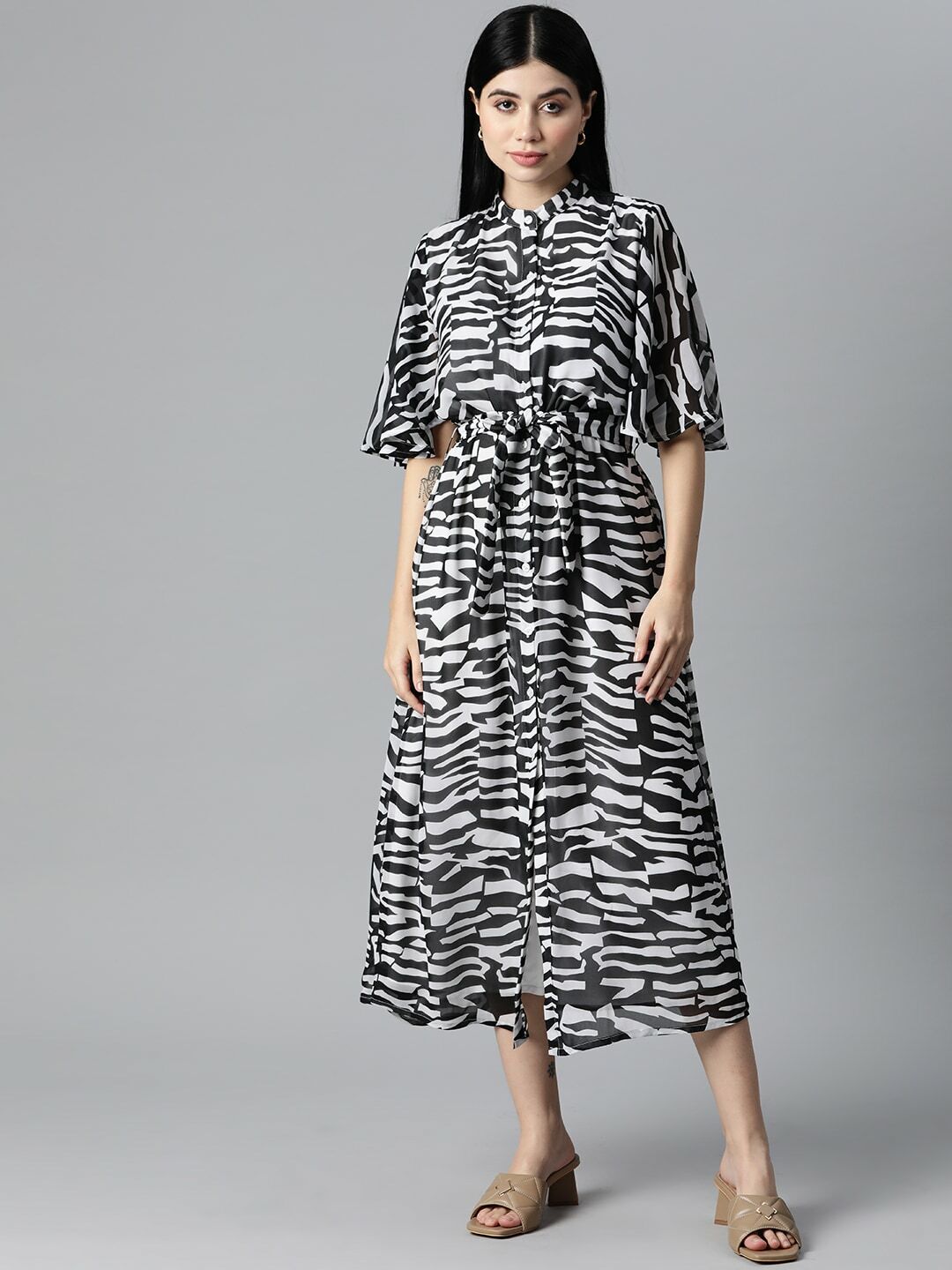 White Printed Batwing Sleeves Midi Dress with Tie Up Belt
