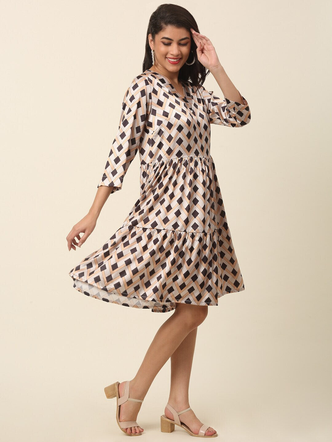 plusS Beige Print A-Line Dress