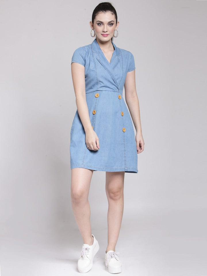 plusS Women Blue Solid Denim Wrap Dress