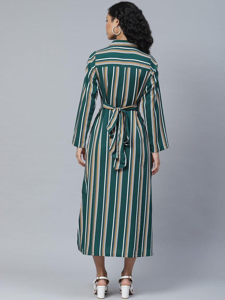 plusS Attractive Green and White Striped Midi Shirt Dress