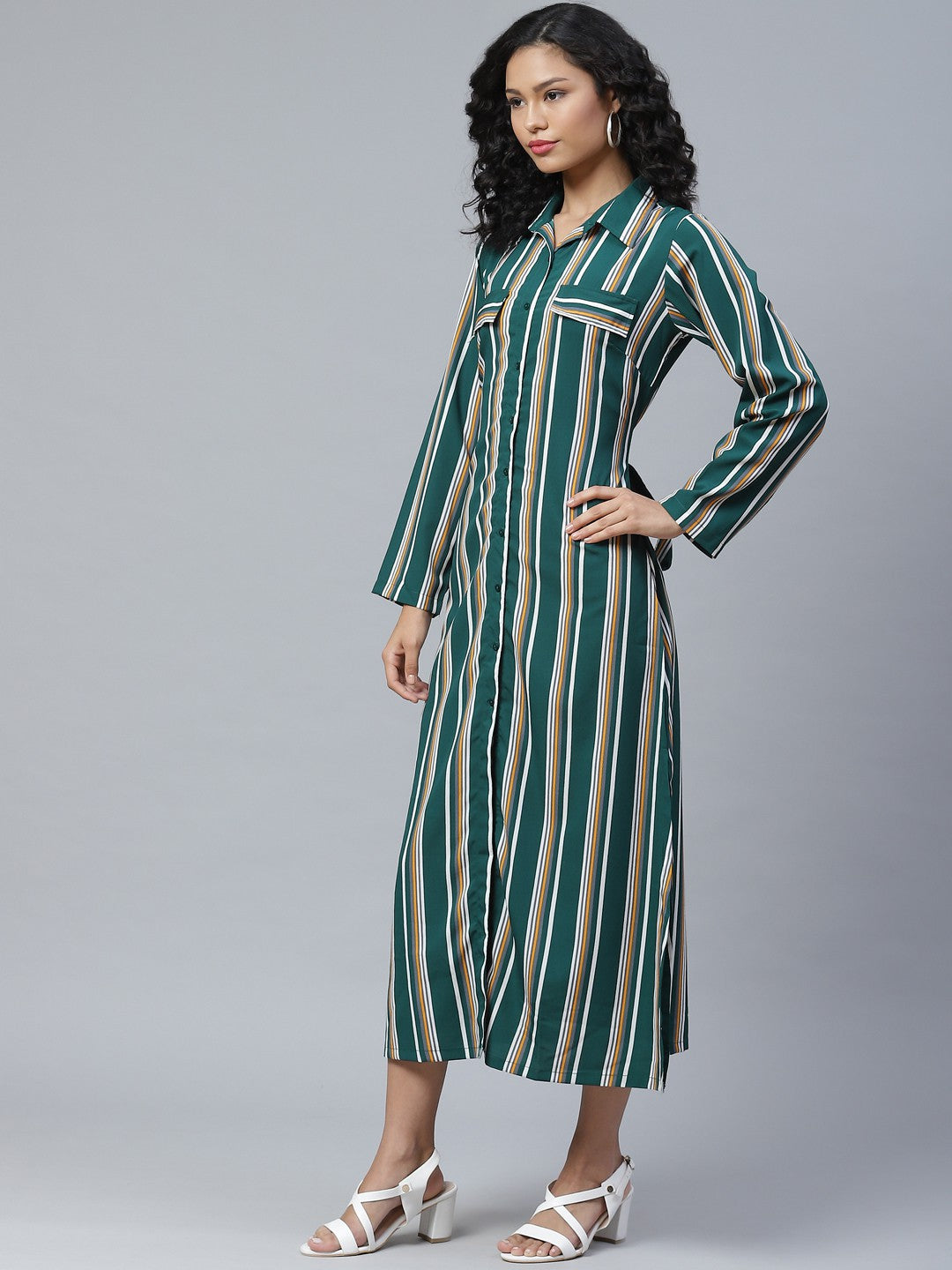 plusS Attractive Green and White Striped Midi Shirt Dress